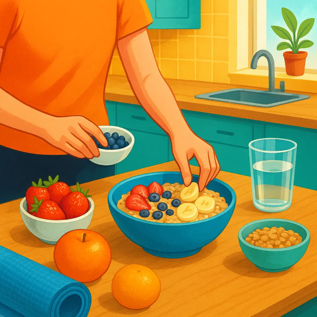 A colorful kitchen with a person making a healthy breakfast and preparing to hydrate.
