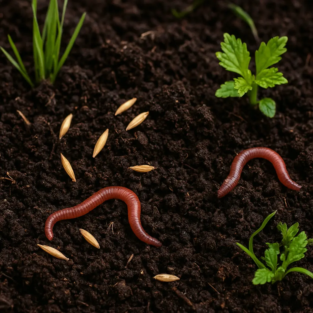 Prikaz tal s kompostom in ekološkimi travami, vključno z zemeljskimi črvi.
