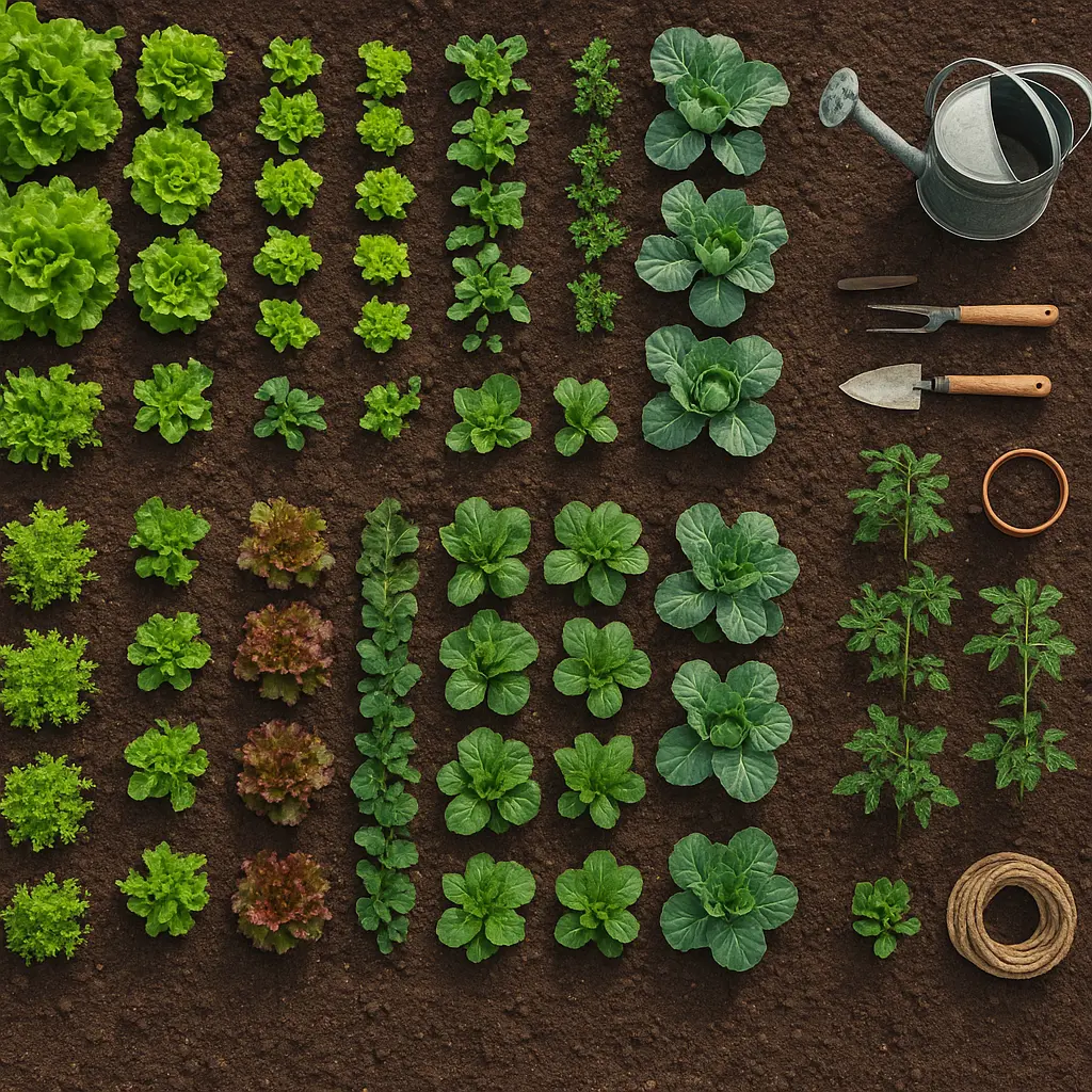 A vibrant vegetable garden with diverse plants and gardening tools.